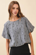 CT9534-Black and White Gingham Mini Bow Print Top