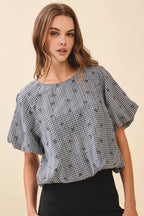 CT9534-Black and White Gingham Mini Bow Print Top