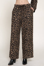 Elastic Waist Leopard Print Double Gauze Pants w/ Pockets