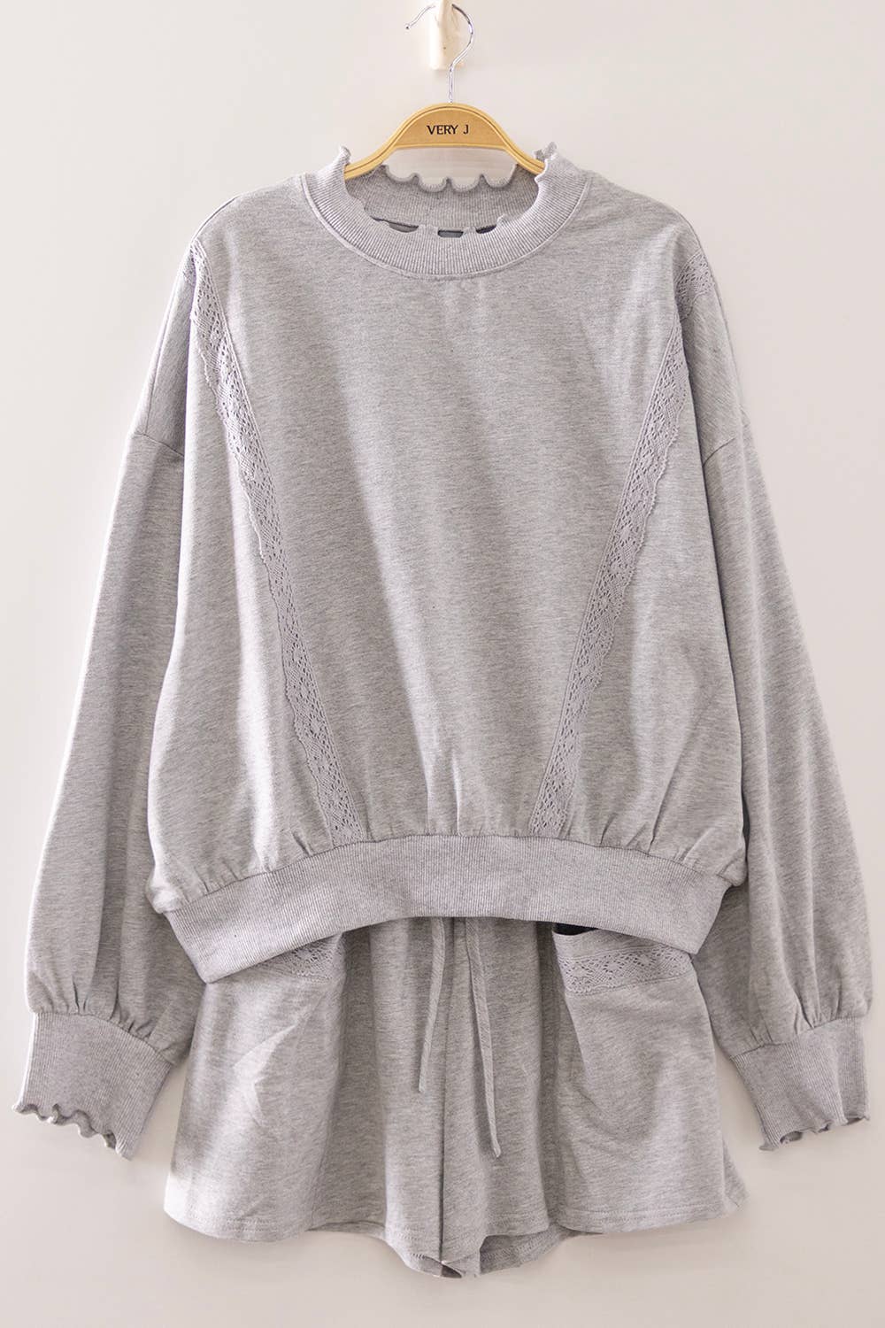 NT12725SET-Lace Trim Sweatshirt & Shorts Lounge Set