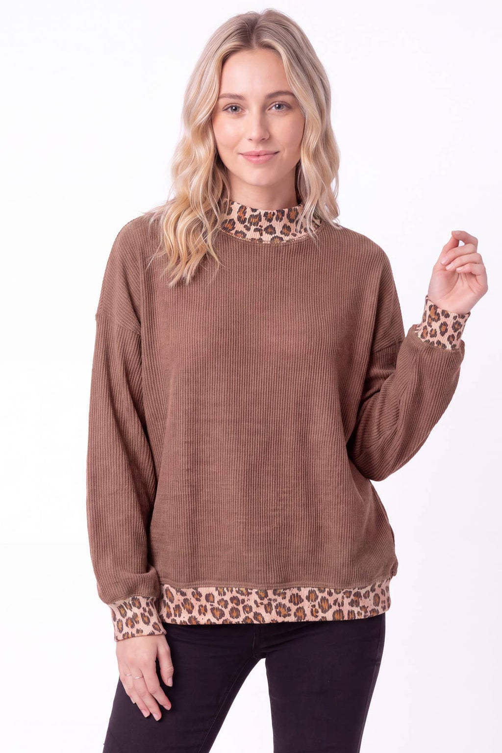 Rib Knit Leopard Contrast Pullover
