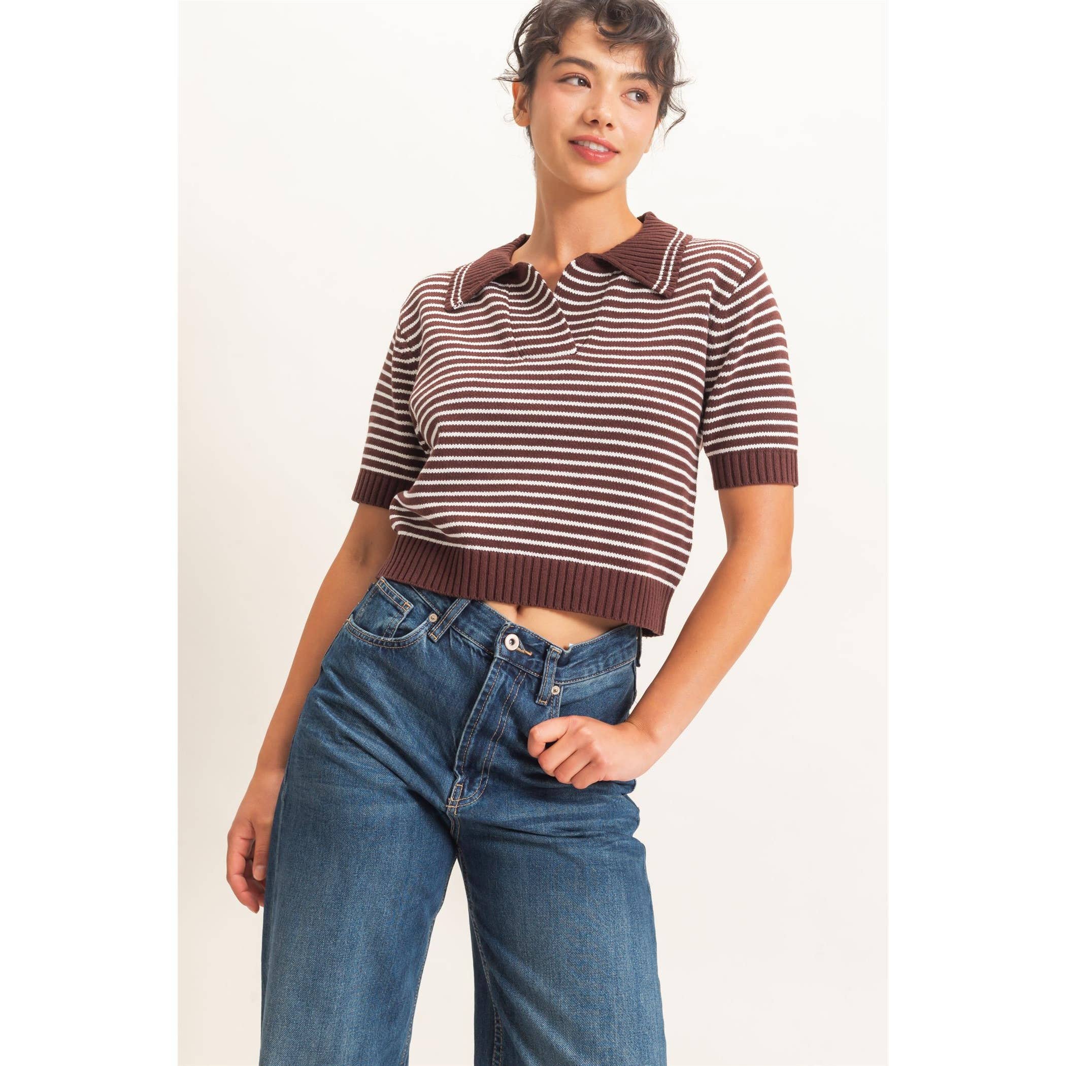 Striped Short Sleeve Collar Knit Top