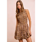 LEOPARD BOW TIE ATTACHABLE PUFF SLEEVES DRESS