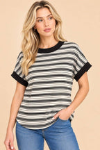 Striped Contrast-trim Ribbed Top