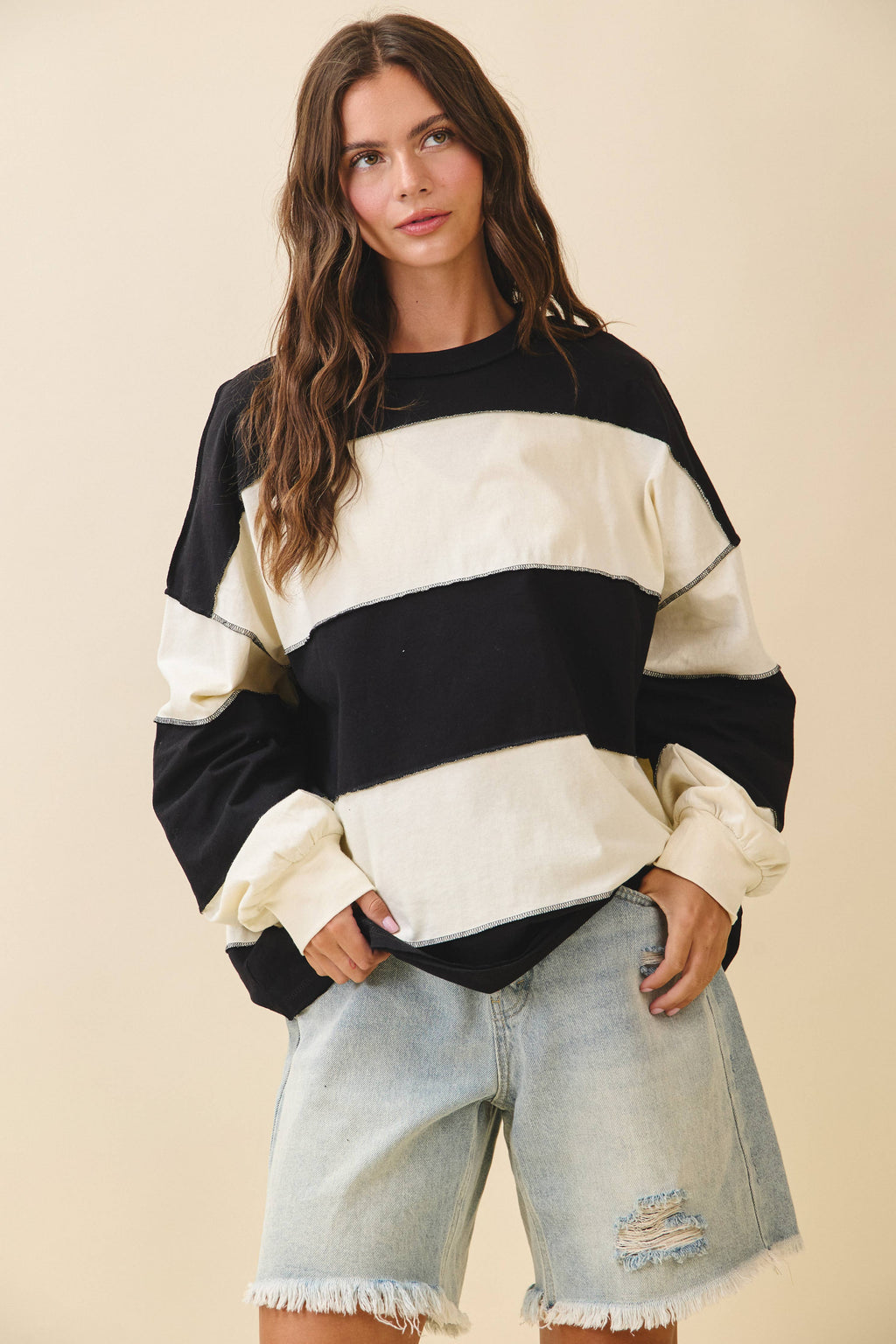 8551GN Contrast Panel Long Sleeve Slouchy Pullover 1