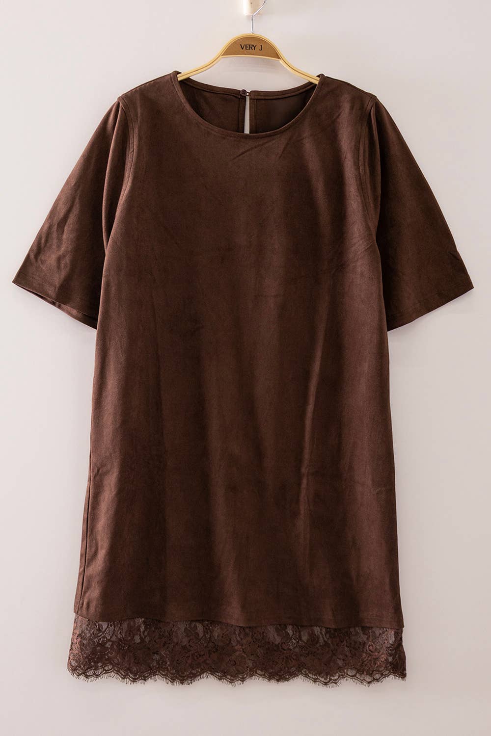 ND32269-Faux Suede Lace Hem Mini Dress