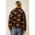 FLOWER PRINT HALF ZIP CONTRAST FLEECE SWEATSHIRT