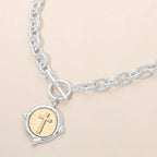 Vintage-Inspired Metal Cross Embossed Medallion Pendant Toggle Necklace
