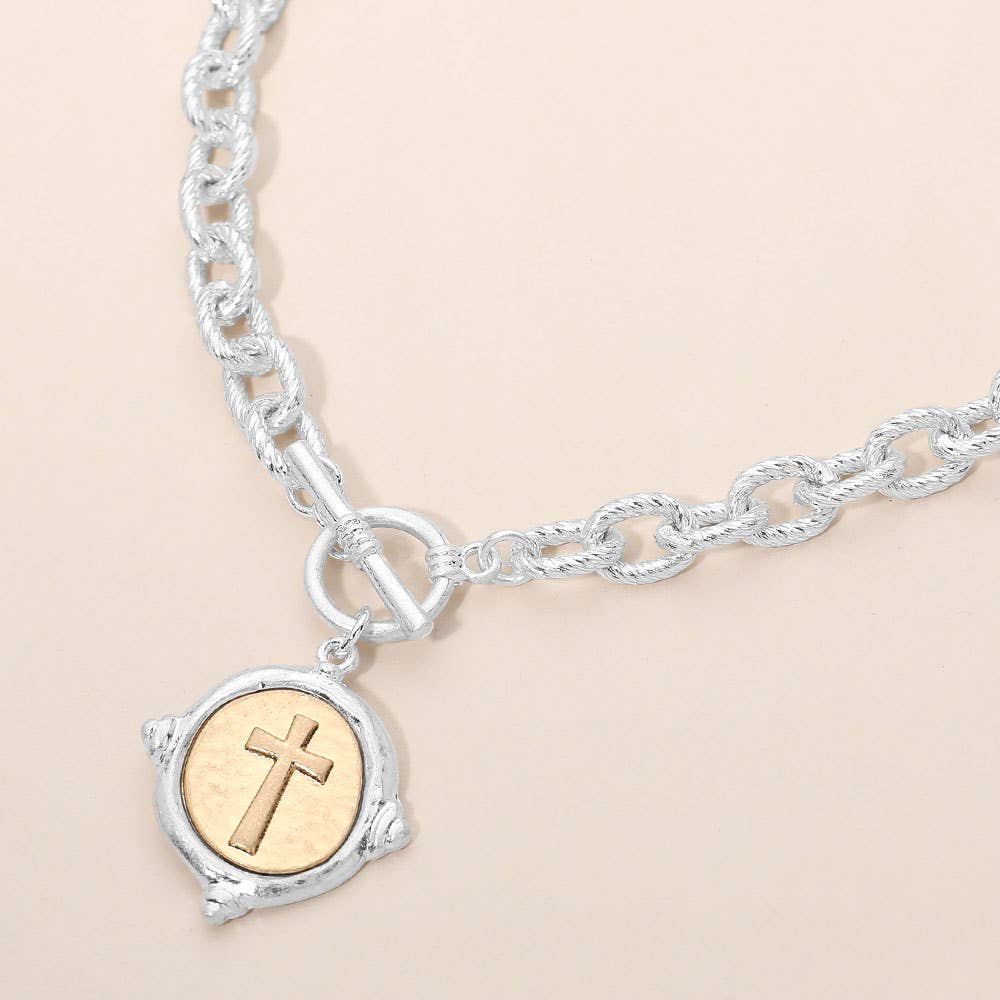 Vintage-Inspired Metal Cross Embossed Medallion Pendant Toggle Necklace