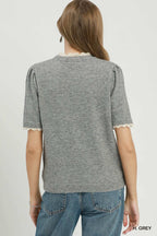 Scalloped Trim Puff Sleeve Knit Sweater Top