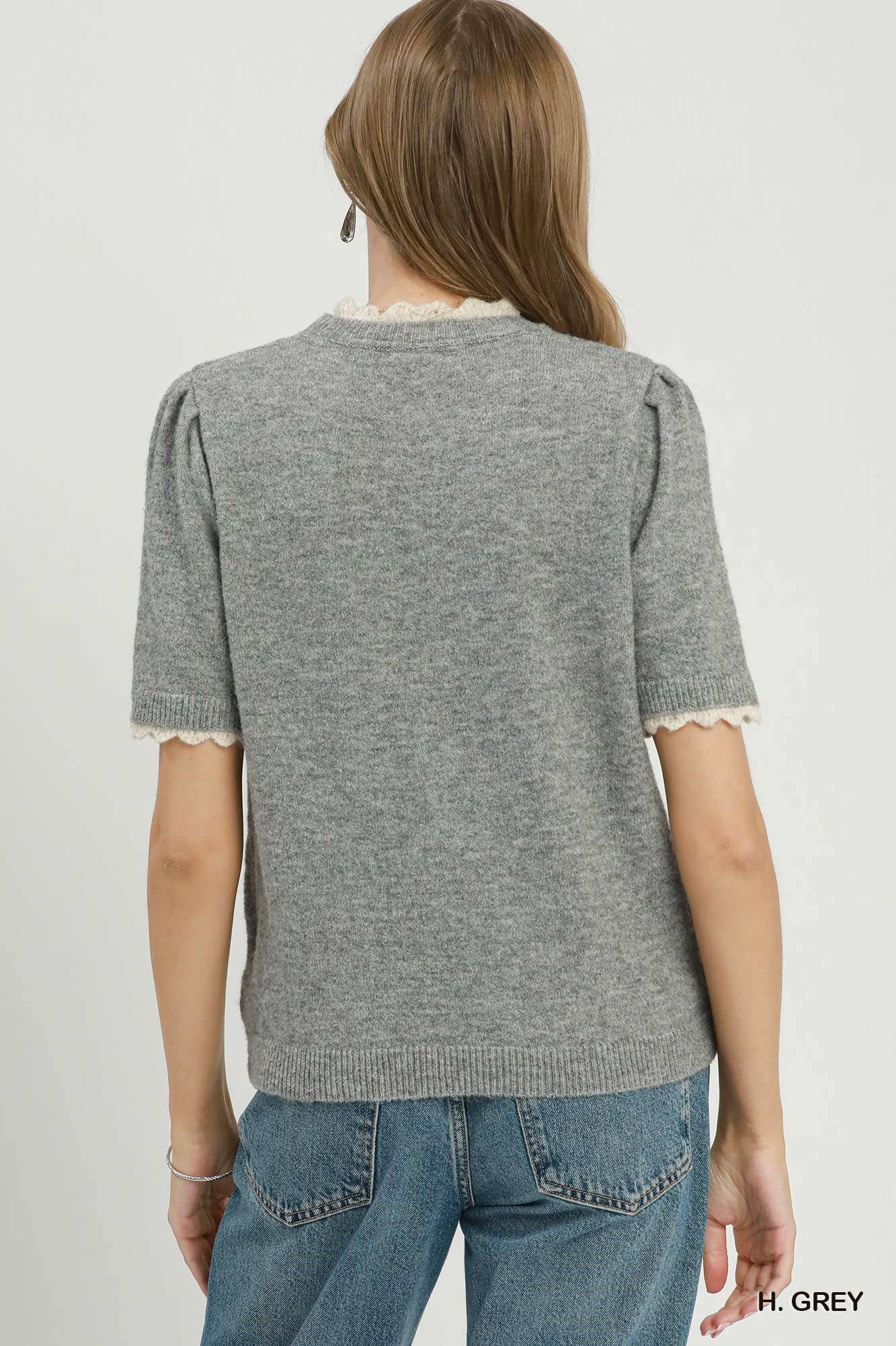 Scalloped Trim Puff Sleeve Knit Sweater Top