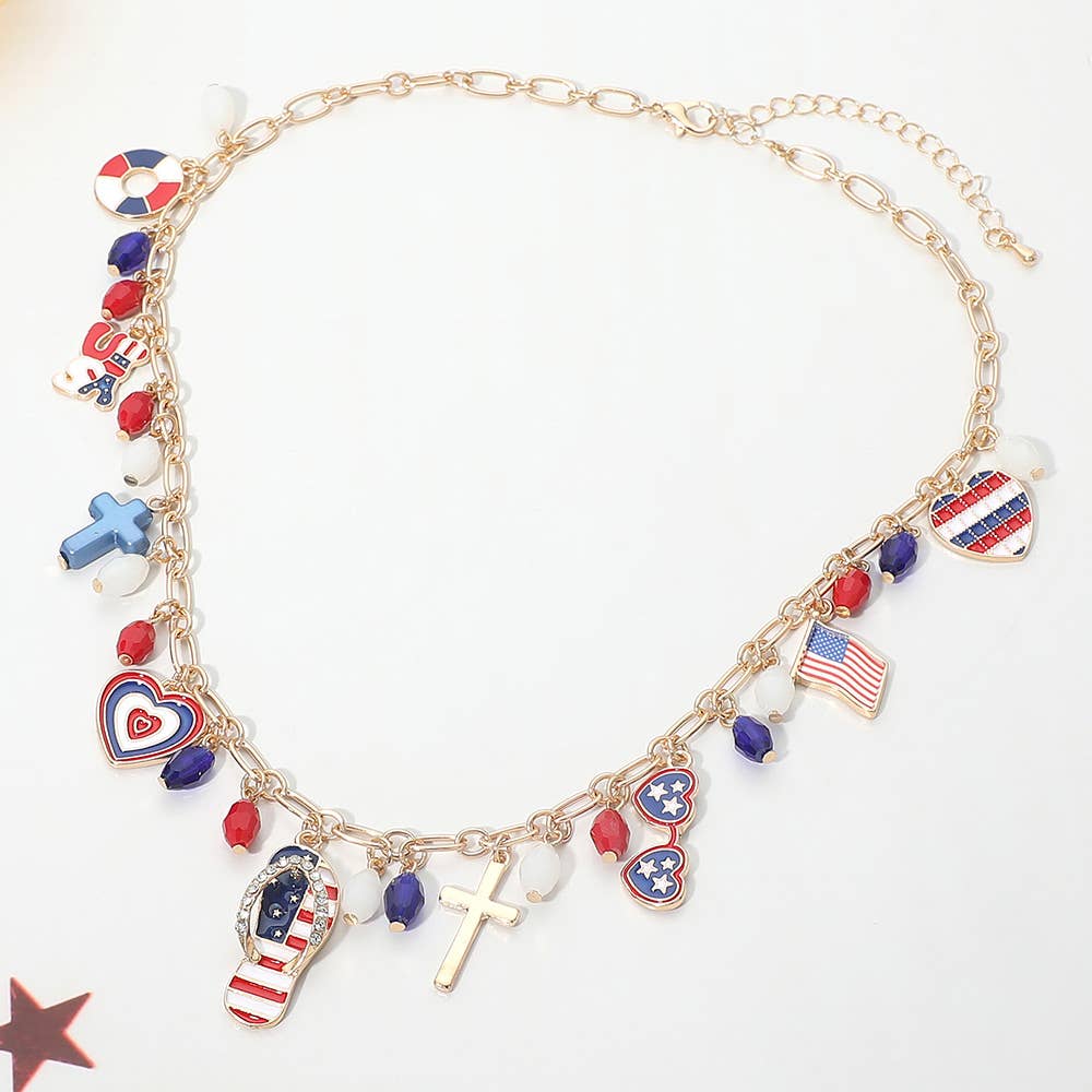 American USA Flag Flip Flop Heart Cross Sunglasses Charm Embellished Necklace