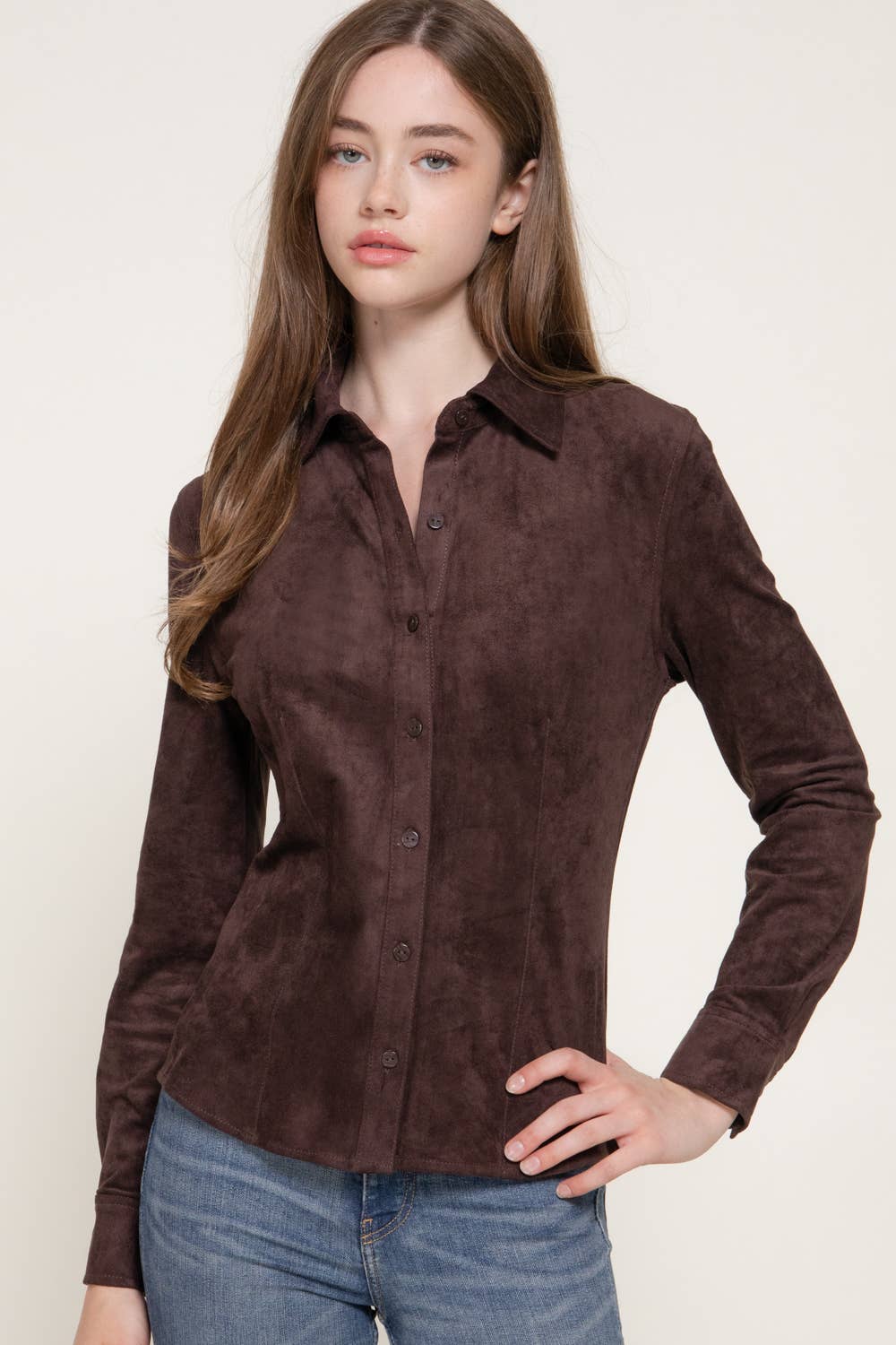Long Sleeve Button Down Stretch Faux Suede Shirt