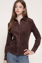 Long Sleeve Button Down Stretch Faux Suede Shirt