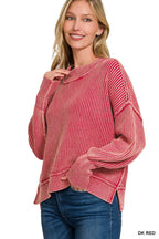 `Washed Side Slit Oversized Cropped Sweater SI-26510 Zenana