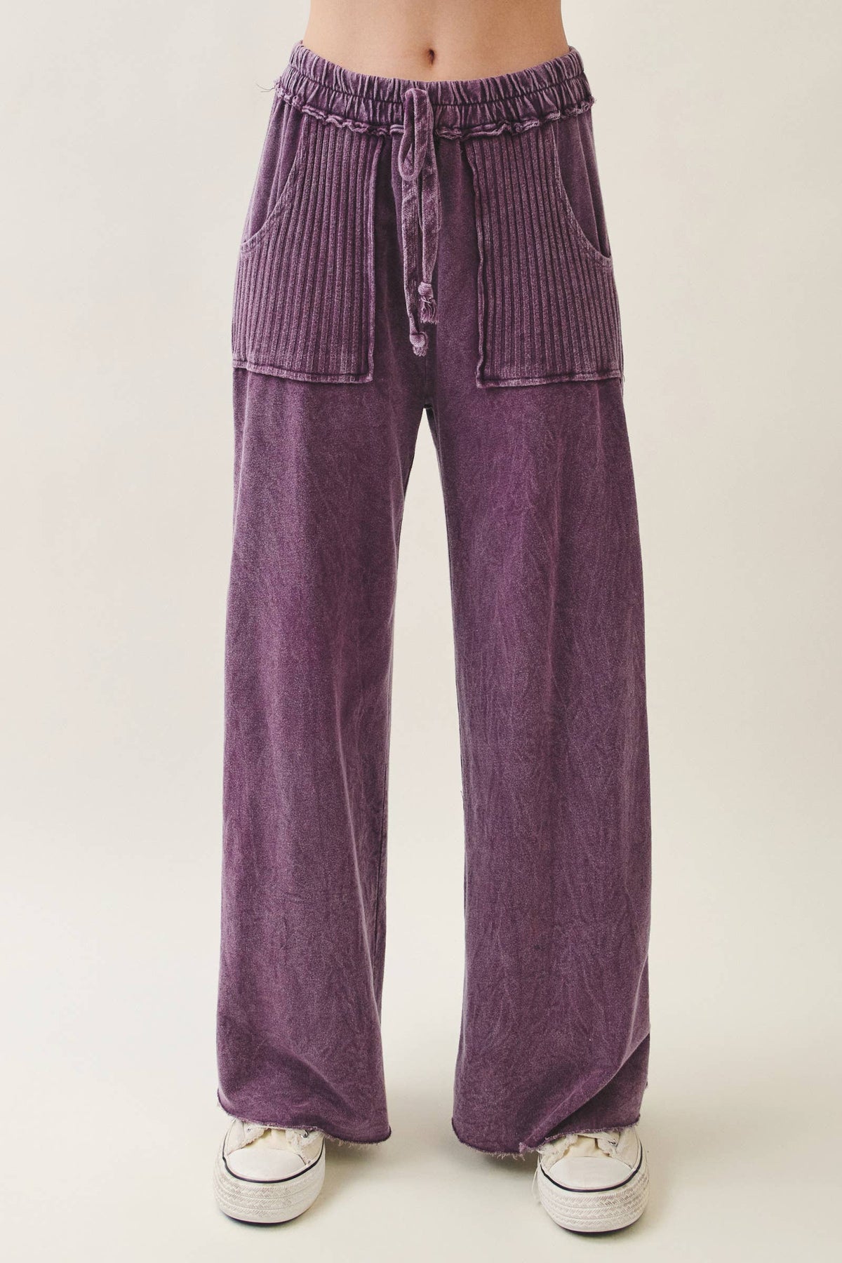 Mineral Wash Side Knit detail wide leg pants HE5878P