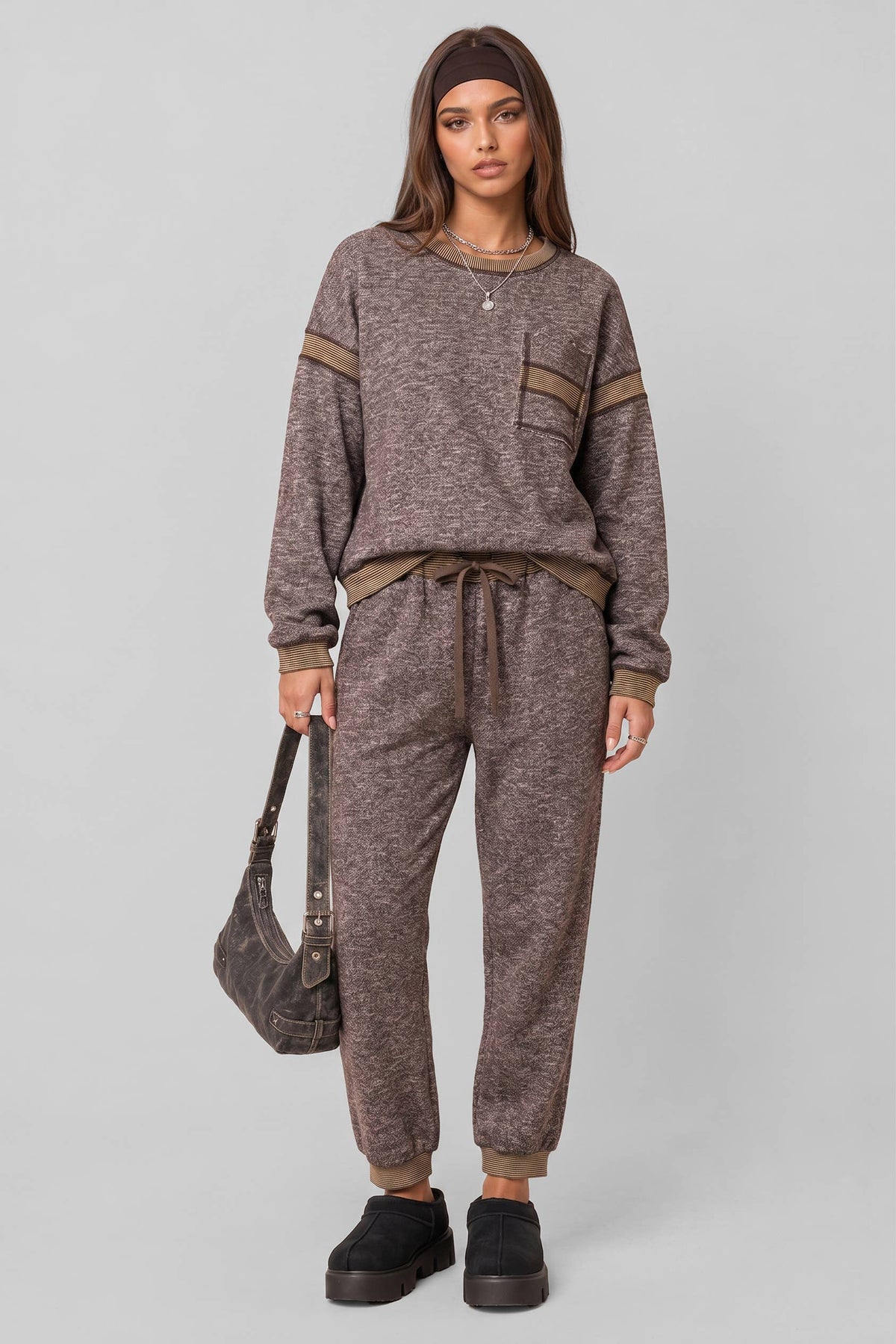 NT12845SET-Contrast Rib Trim Heathered Knit Lounge Set
