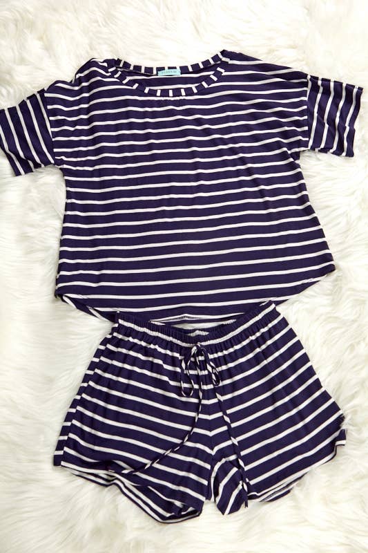 Rayon spandex stripe loose fit short and top set (P16433)
