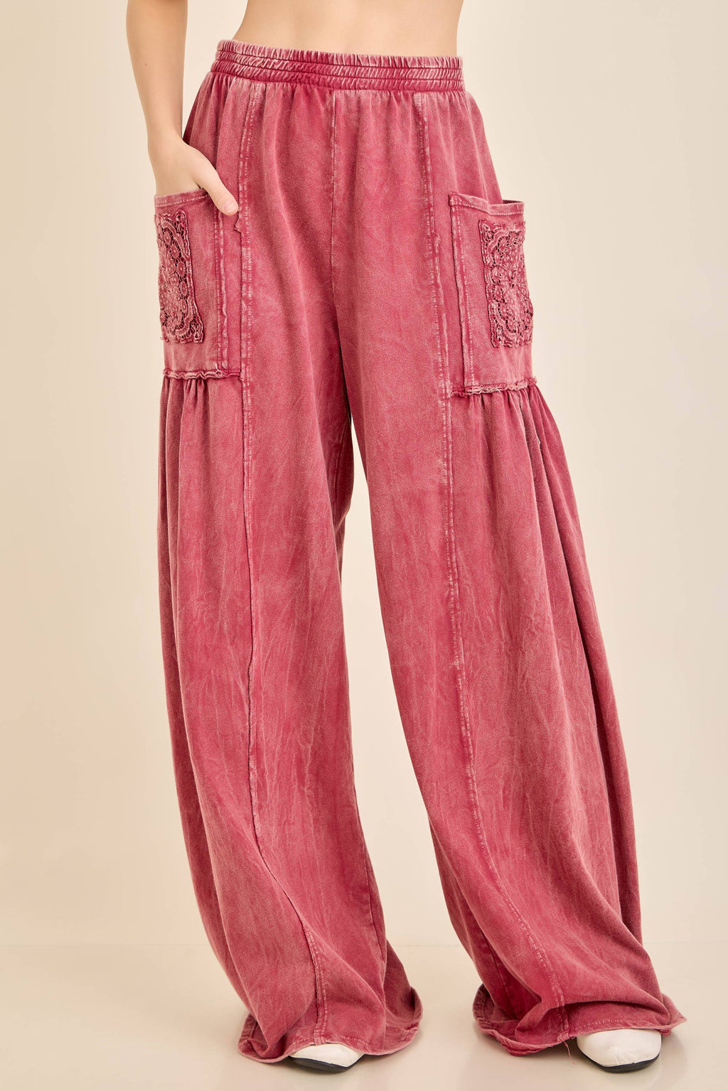 Mineral Washed Boho Trim Patched Pockets Pants HP7542