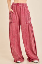 Mineral Washed Boho Trim Patched Pockets Pants HP7542