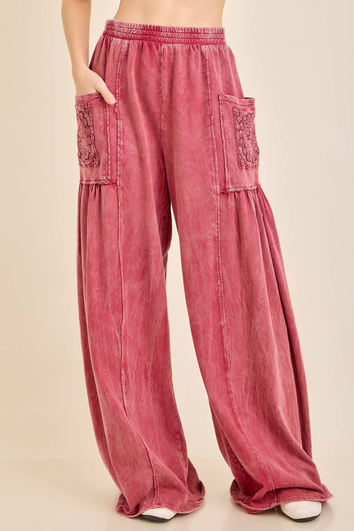 Mineral Washed Boho Trim Patched Pockets Pants HP7542