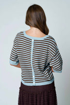 STRIPE CONTRAST TRIM SHORT SLEEVE KNIT SWEATER