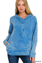 Washed Baby Waffle 3 Button Top - Zenana