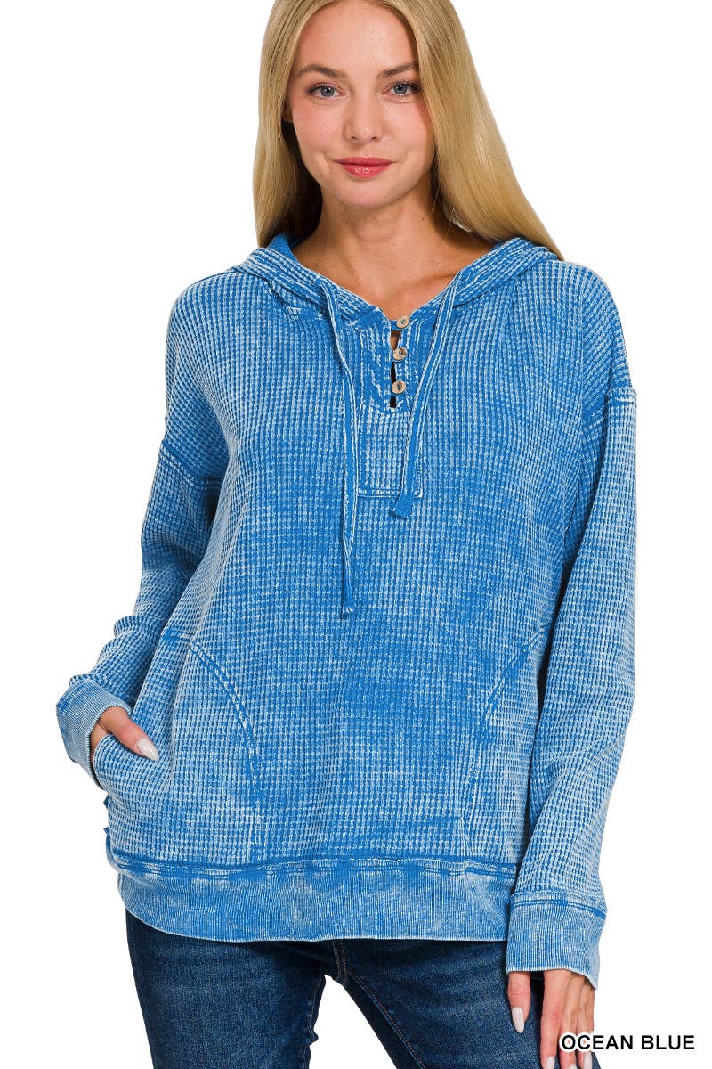Washed Baby Waffle 3 Button Top - Zenana