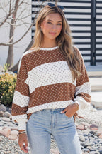 Polka Dot Long Sleeve Patchwork Colorblock Shift Pullover