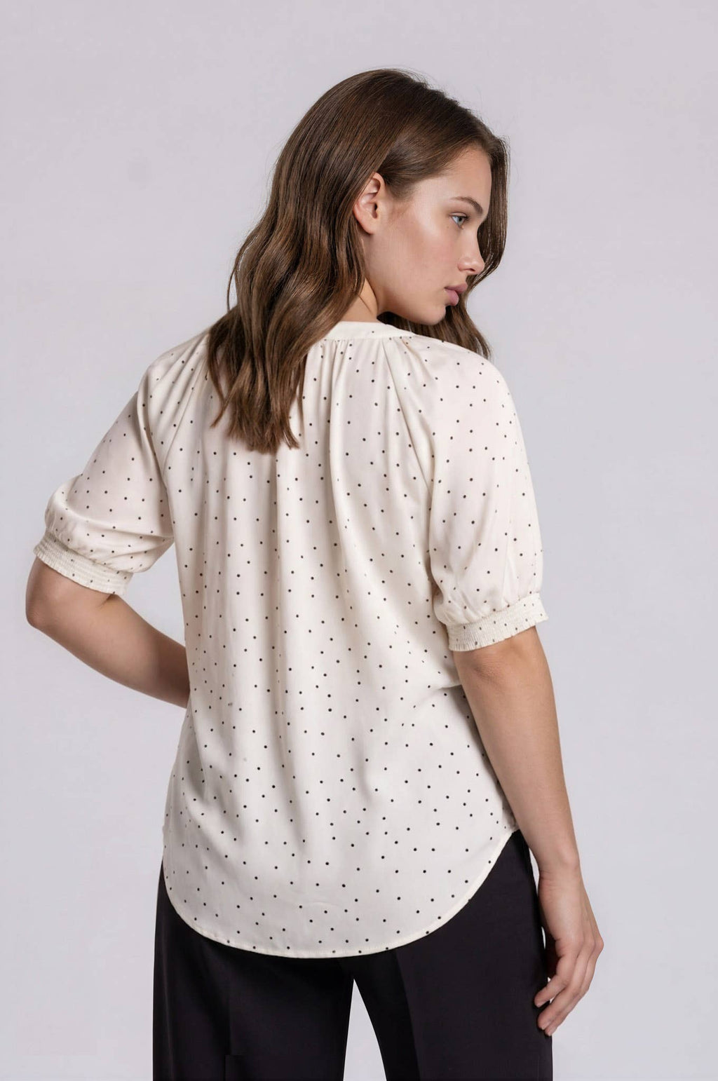 PLUS PINTUCK POLKA DOT BUTTON DOWN PUFF SLEEVE TOP