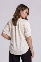 PLUS PINTUCK POLKA DOT BUTTON DOWN PUFF SLEEVE TOP