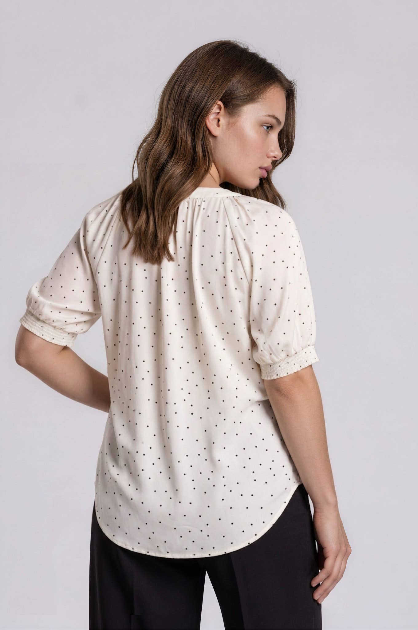 PLUS PINTUCK POLKA DOT BUTTON DOWN PUFF SLEEVE TOP