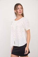 PINTUCK POLKA DOT BUTTON DOWN PUFF SLEEVE TOP
