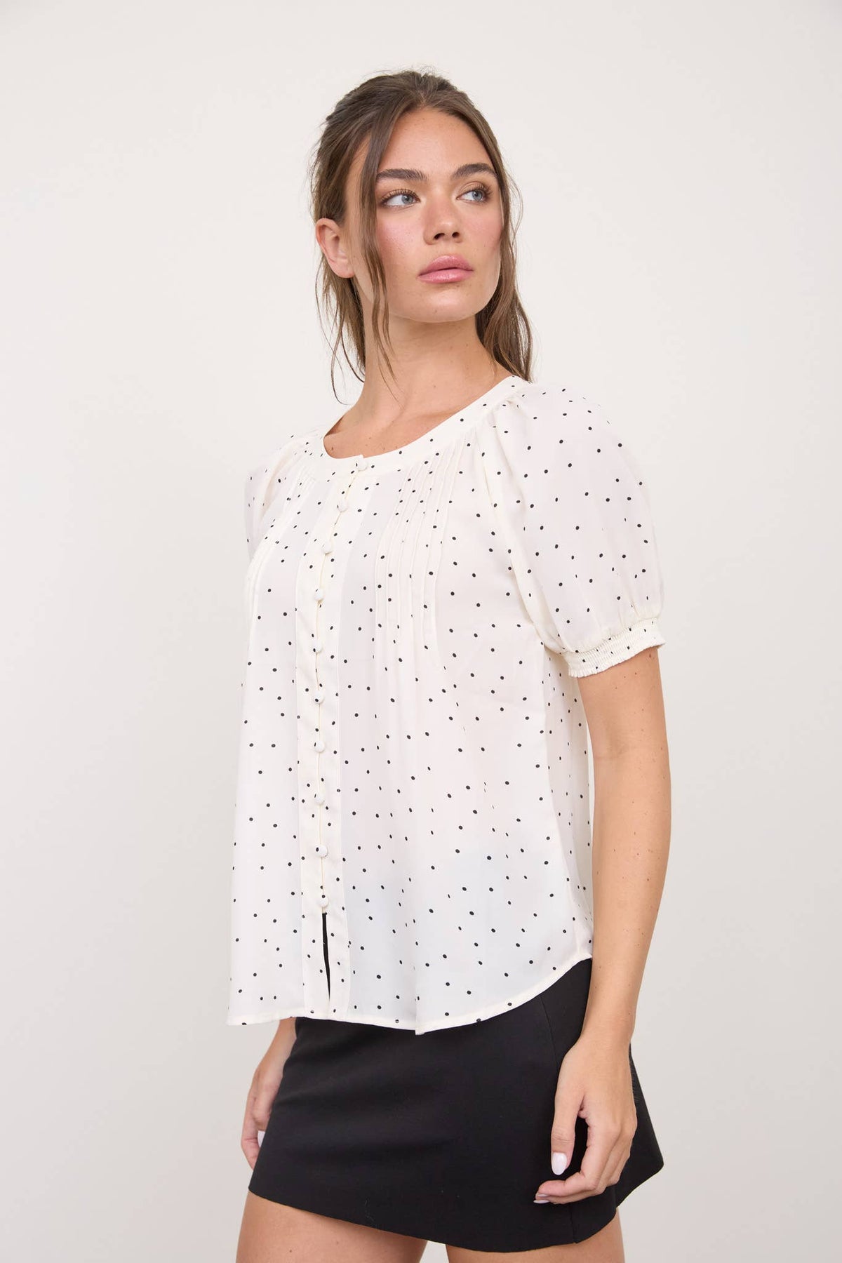 PINTUCK POLKA DOT BUTTON DOWN PUFF SLEEVE TOP