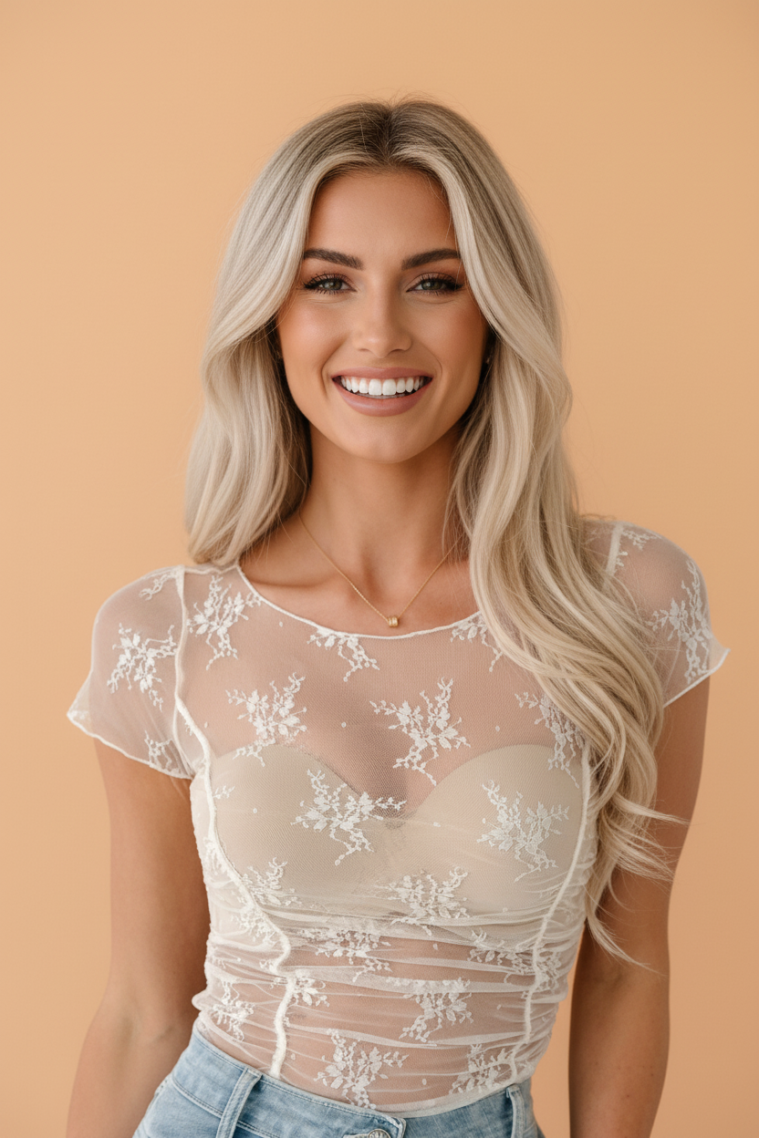 PRETTY BASH Floral Sheer Lace Mesh Exposed Seam Top