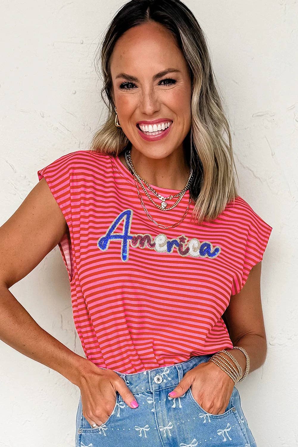 Red Stripe Sequin America Letter Patched Cap Sleeve Top