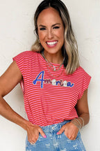 Red Stripe Sequin America Letter Patched Cap Sleeve Top