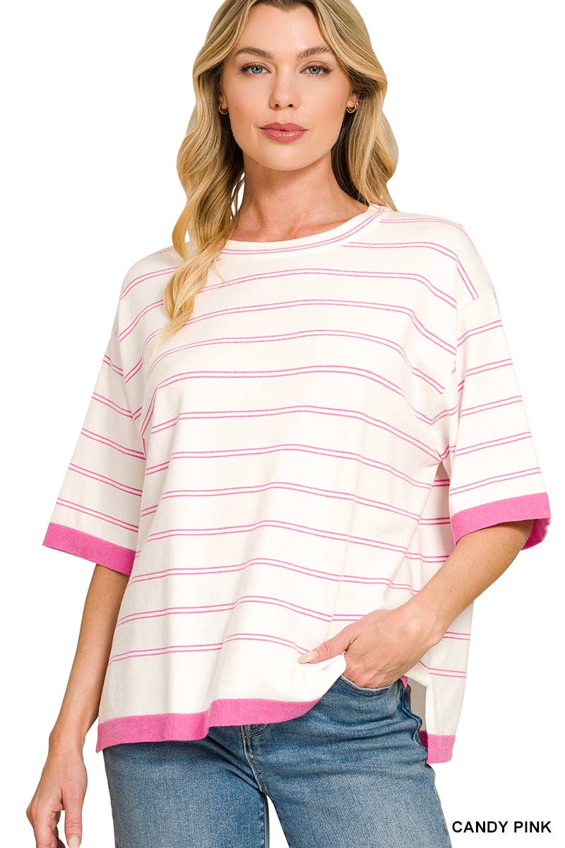 Oversized Viscose Stripe Short Sleeve Sweater