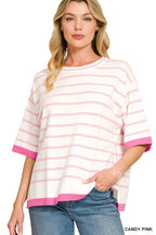 Oversized Viscose Stripe Short Sleeve Sweater