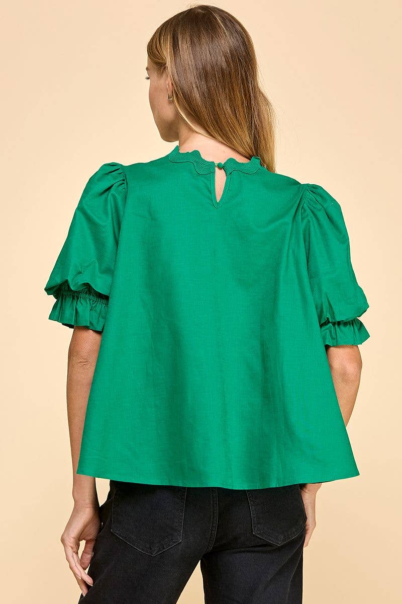 CT9094-Ricrac Detailed Swing Style Bubble Sleeve Top