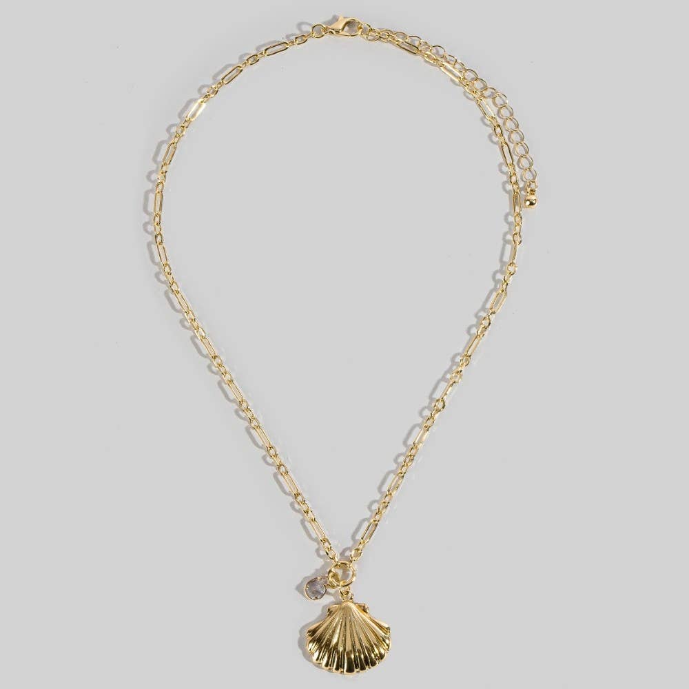 Chain Link Seashell And Crystal Pendant Necklace