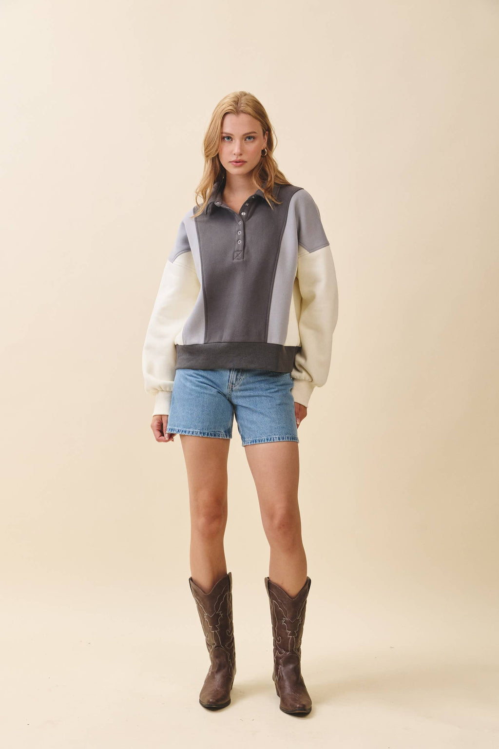 9161HK Collared Colorblock Henley Pullover Sweatshirt