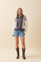 9161HK Collared Colorblock Henley Pullover Sweatshirt