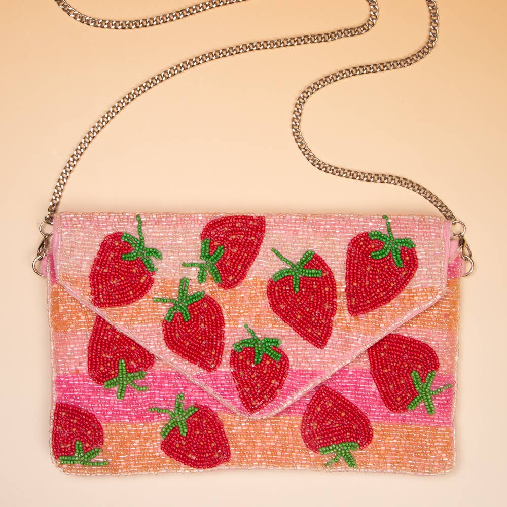 Handmade Seed Bead Strawberry Clutch with Detachable Chain