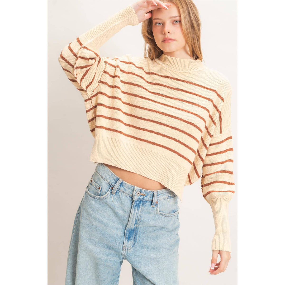 Striped Mock Neck Cropped Sweater