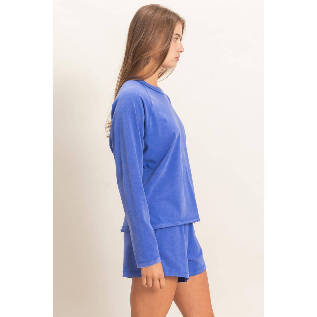Mineral Wash Long Sleeve Raw Edge Top & Shorts Set