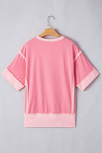 PRETTY BASH Colorblock 3/4 Sleeve Raw Seam High-Low Top