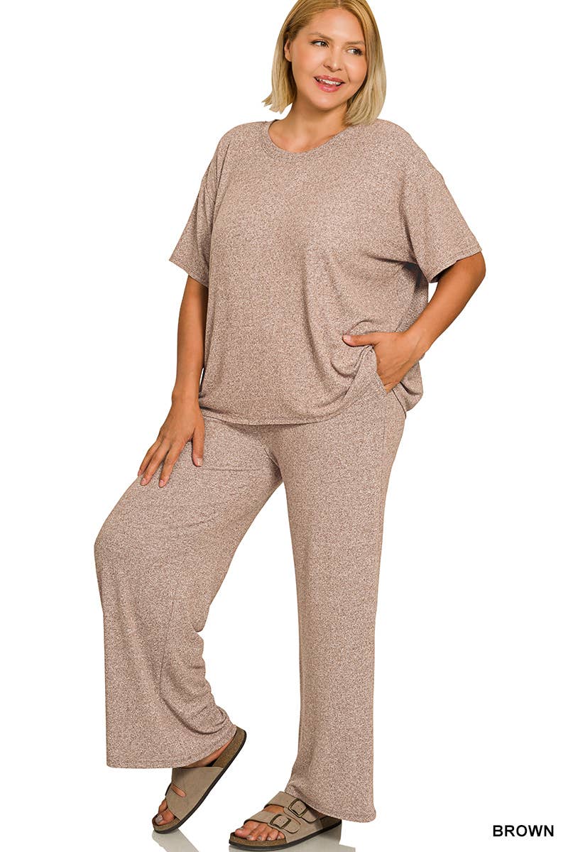 Plus Soft Melange Short Sleeve Tee & Long Pants Set - Zenana