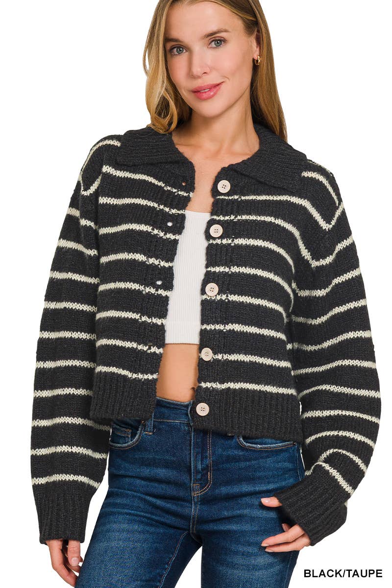 Striped Collared 5 Button Cardigan