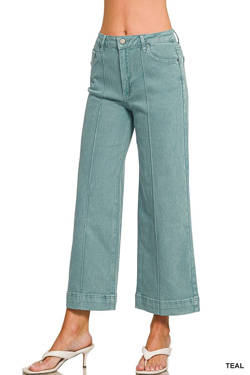 High Rise Wide Leg Pintuck Color Denim Pants